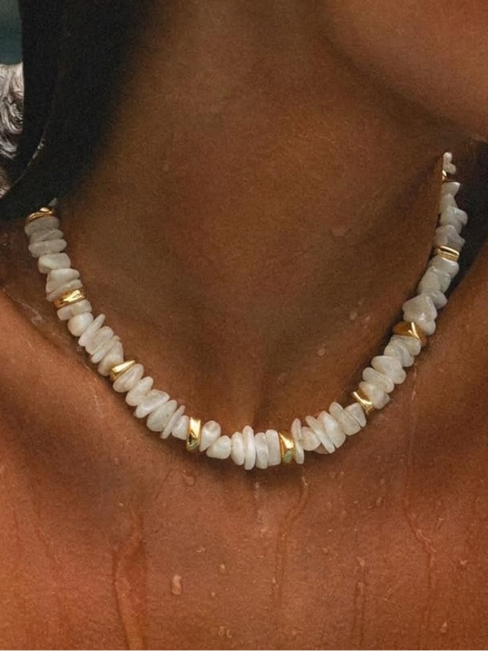 White Chip Beaded Necklace with Gold Accents - Picture 1 of 6